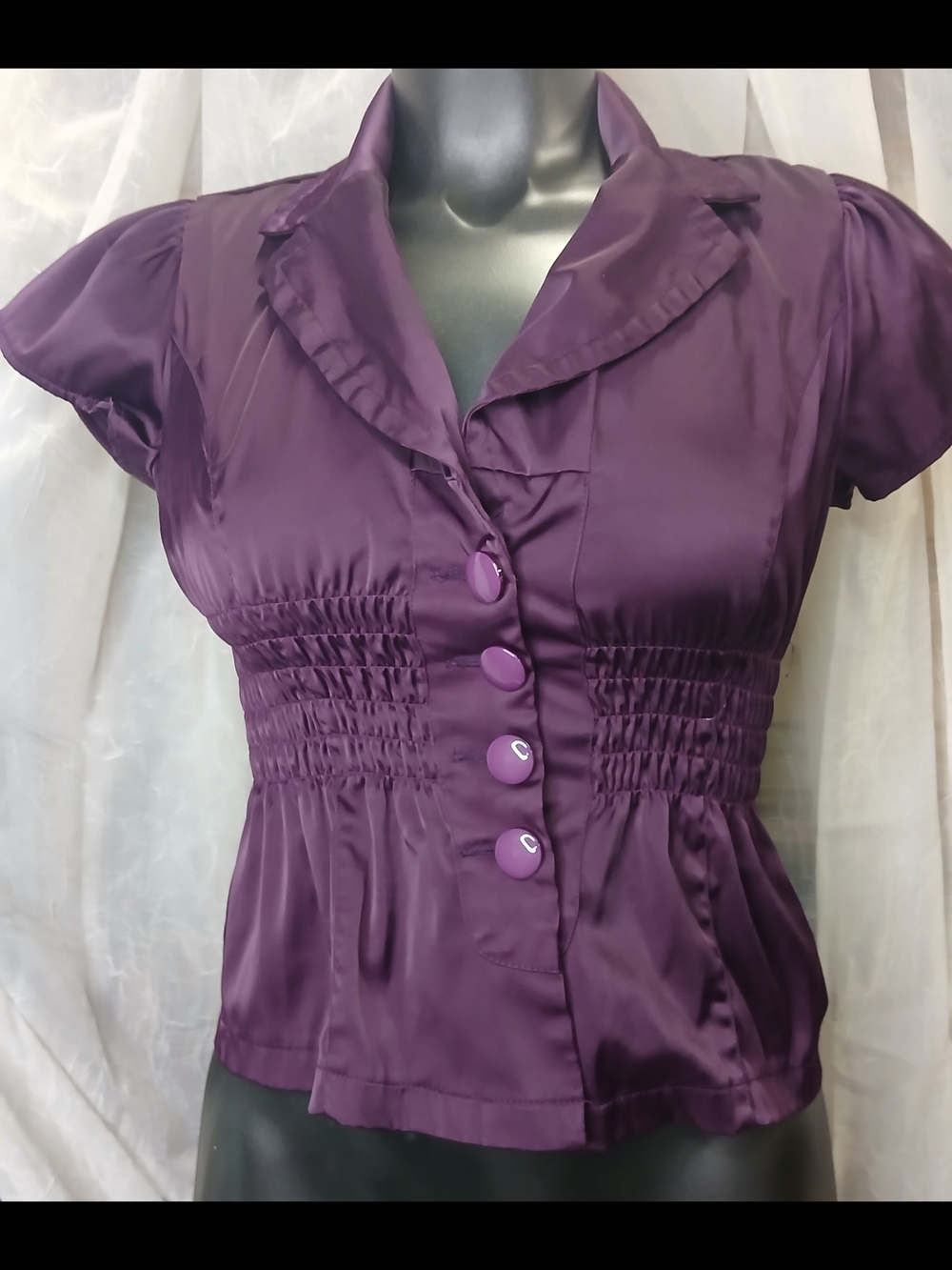 Poetry Deep Purple Satin Short Sleeve Button-Front Blouse